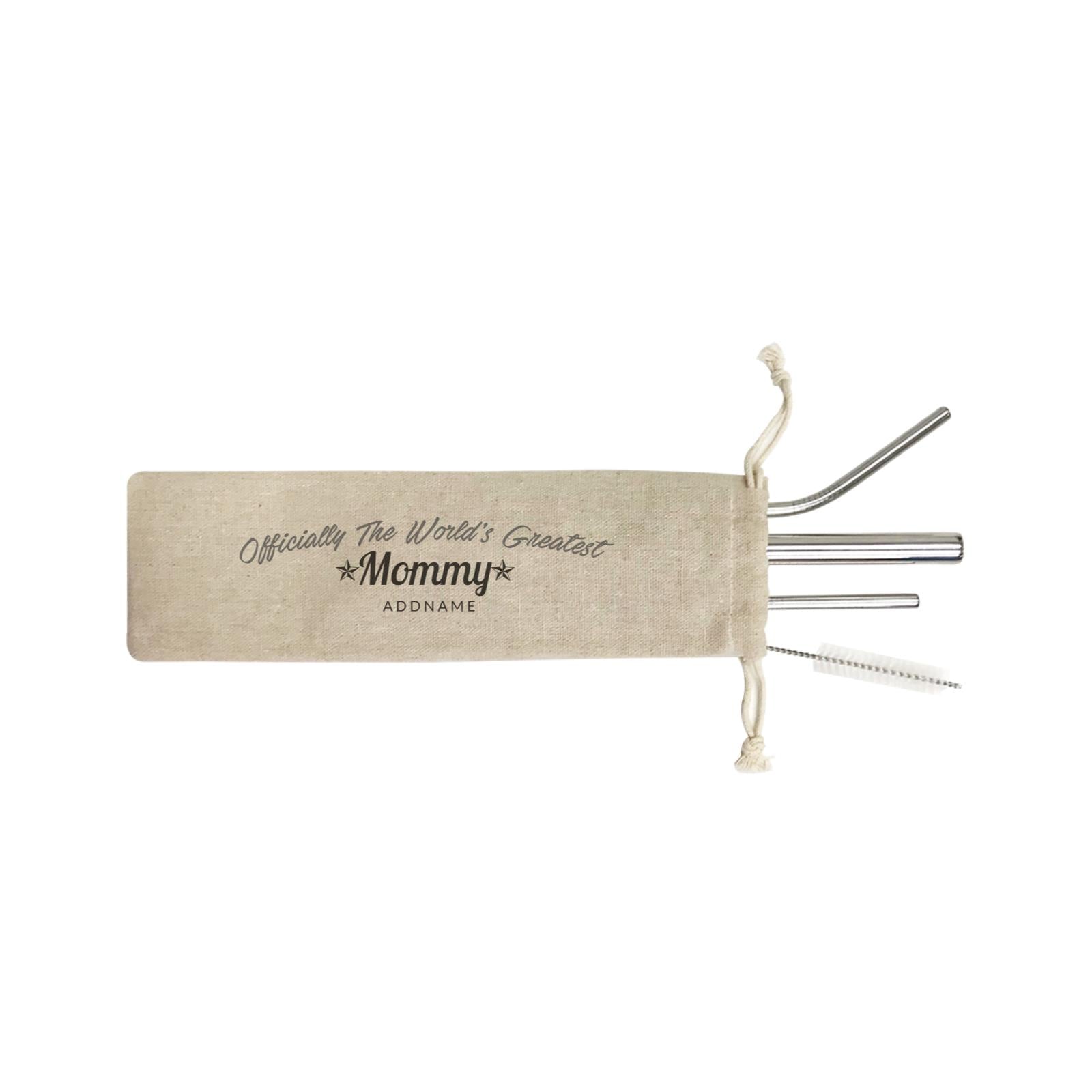 Officially Worlds Greatest Family Mommy Addname SB 4-In-1 Stainless Steel Straw Set in Satchel