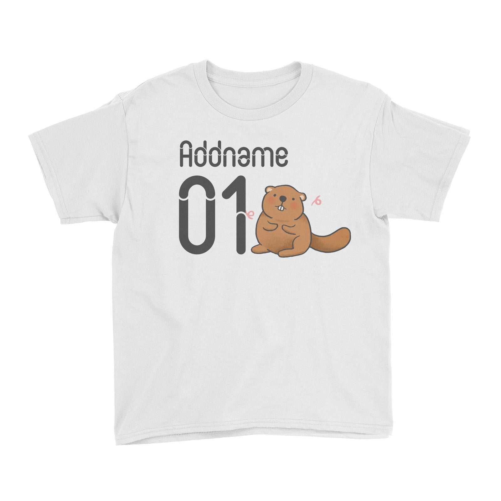 Name and Number Cute Hand Drawn Style Beaver Kid's T-Shirt (FLASH DEAL)