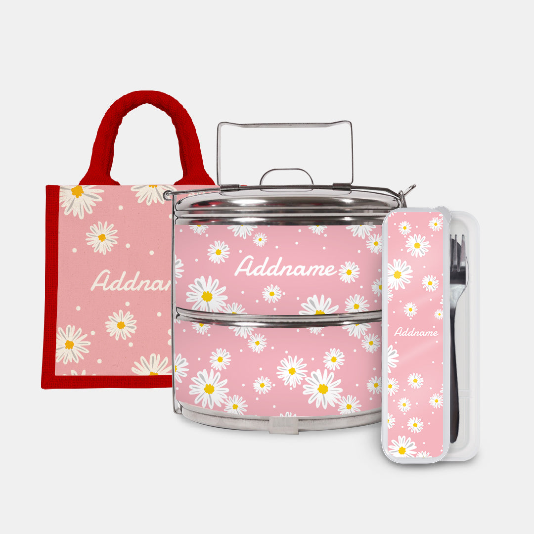 Daisy Series Half Lining Lunch Bag, Standard Two Tier Tiffin Carrier And Cutlery Set - Blush Red