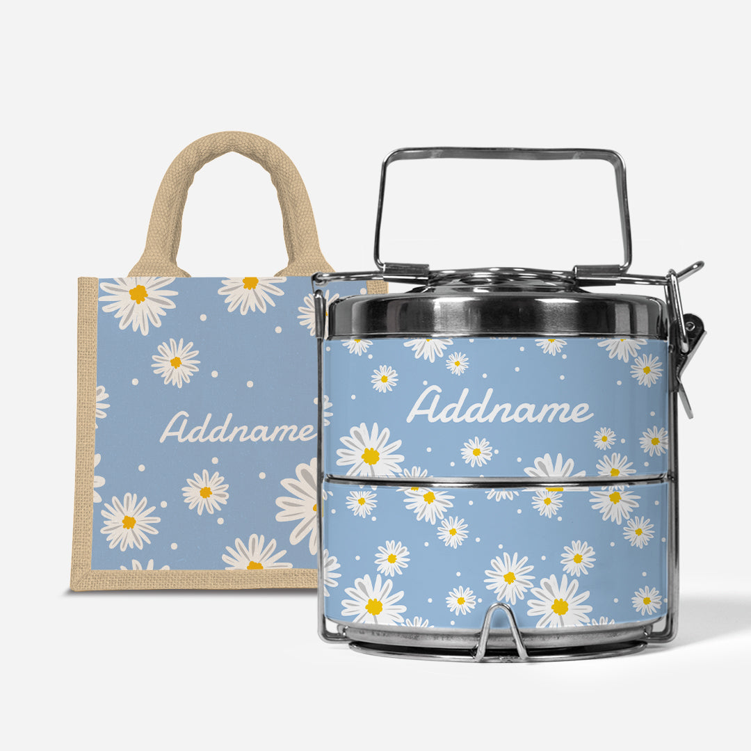 Daisy Series Half Lining Lunch Bag Wtih Premium Two Tier Tiffin Carrier - Frost