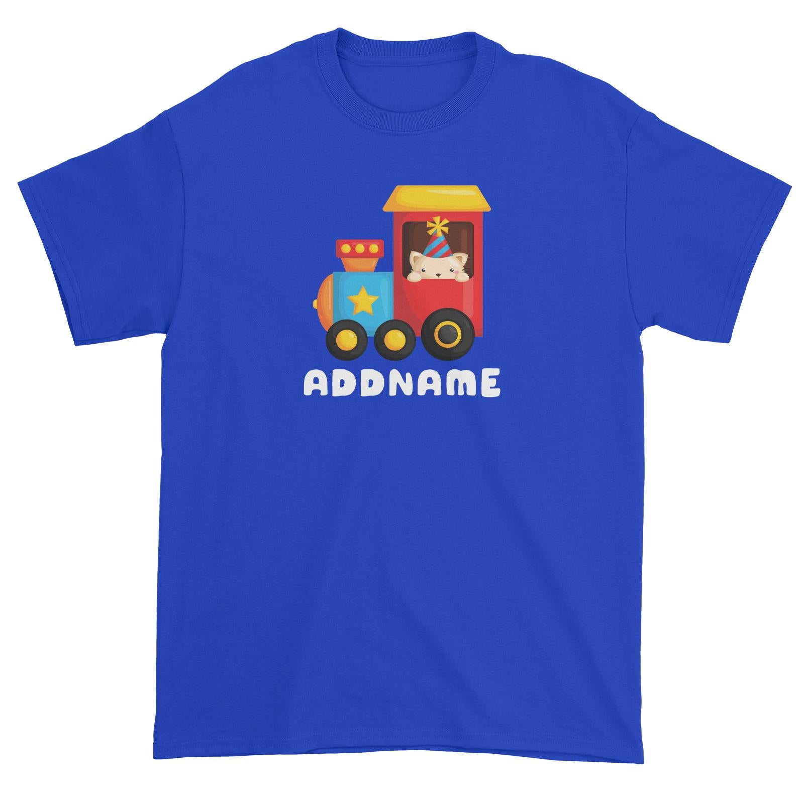 Birthday Fun Train Cat Wearing Party Hat Addname Unisex T-Shirt