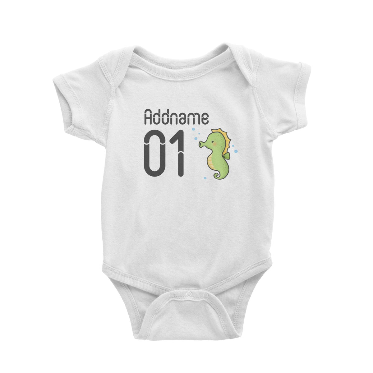 Name and Number Cute Hand Drawn Style Seahorse Baby Romper