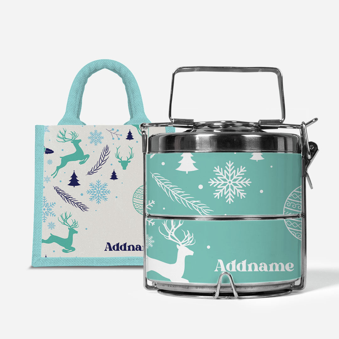 Christmas Series Premium Two Tier Tiffin  with Half Lining Lunch Bag Jubilant Reindeers Light Blue