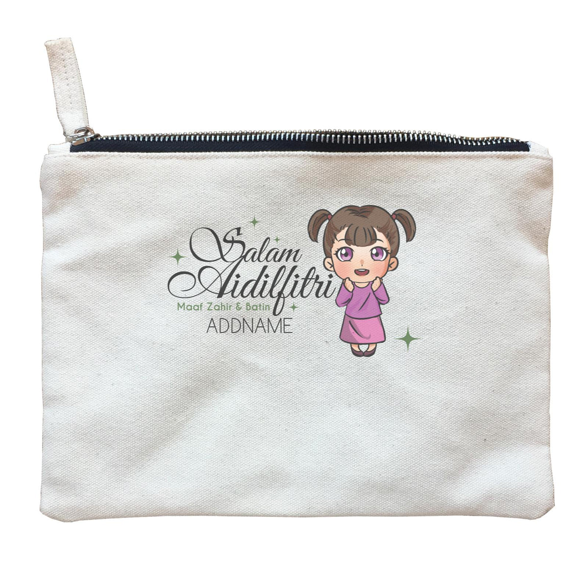 Raya Chibi Wishes Little Girl Addname Wishes Everyone Salam Aidilfitri Maaf Zahir &amp; Batin Zipper Pouch