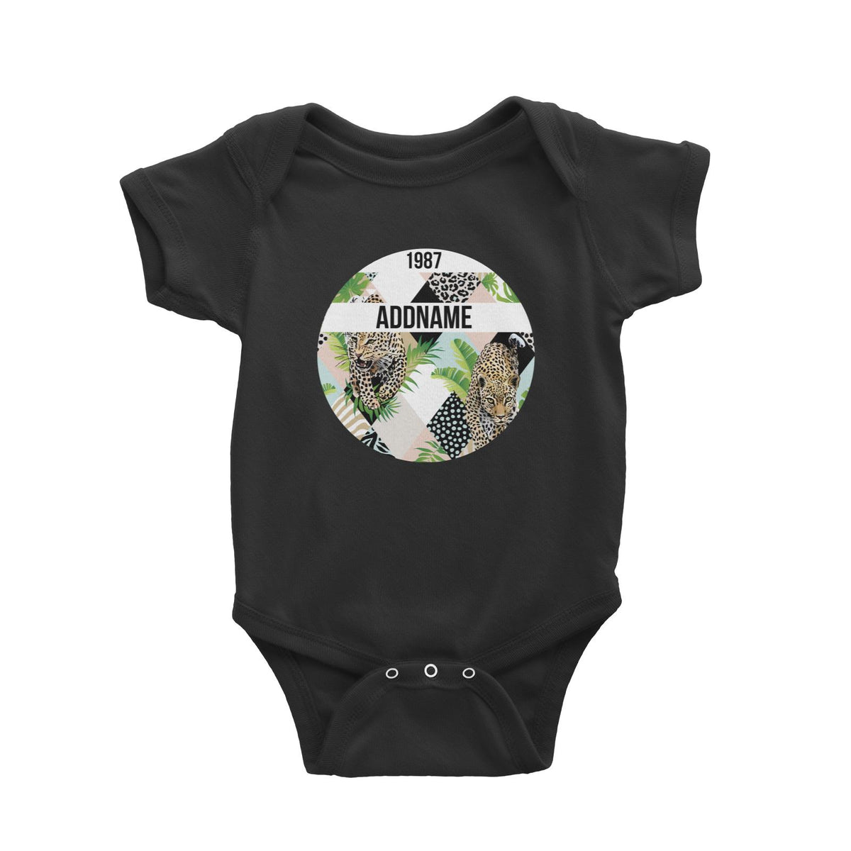 Tropical Leaves Leopard Pastel Pattern Personalizable with Name and Year Baby Romper