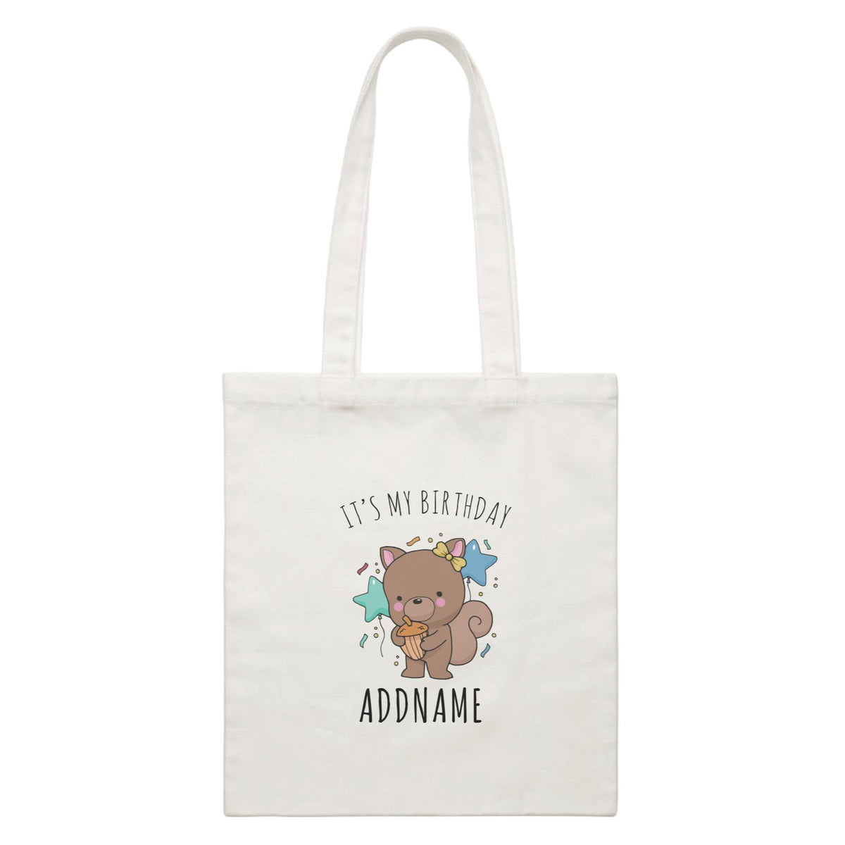 Birthday Sketch Animals Squirrel with Acorn It's My Birthday Addname White Canvas Bag