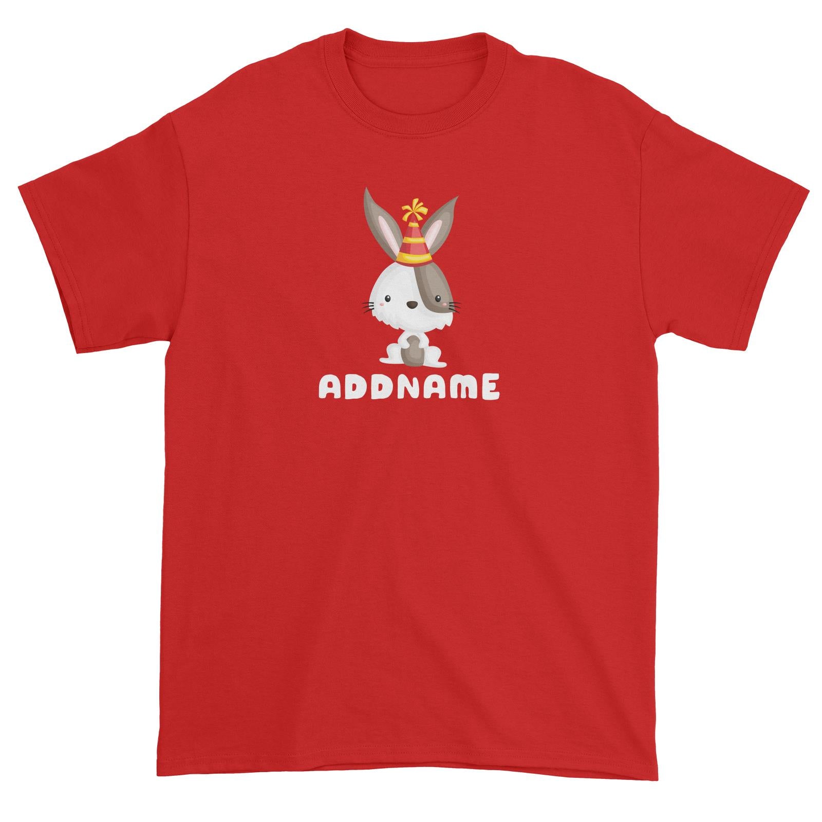 Birthday Friendly Animals Happy Rabbit Wearing Party Hat Addname Unisex T-Shirt