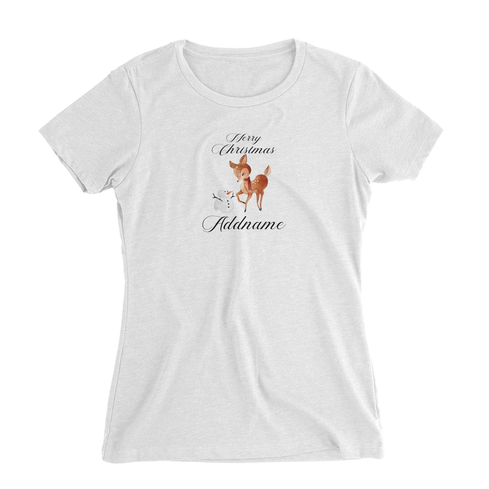 Christmas Cute Deer With Snowman Merry Christmas Addname Women Slim Fit T-Shirt