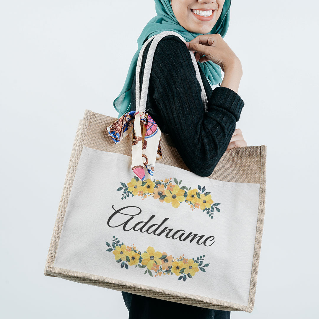 Yellow Windflower Jute Bag with Front Pocket