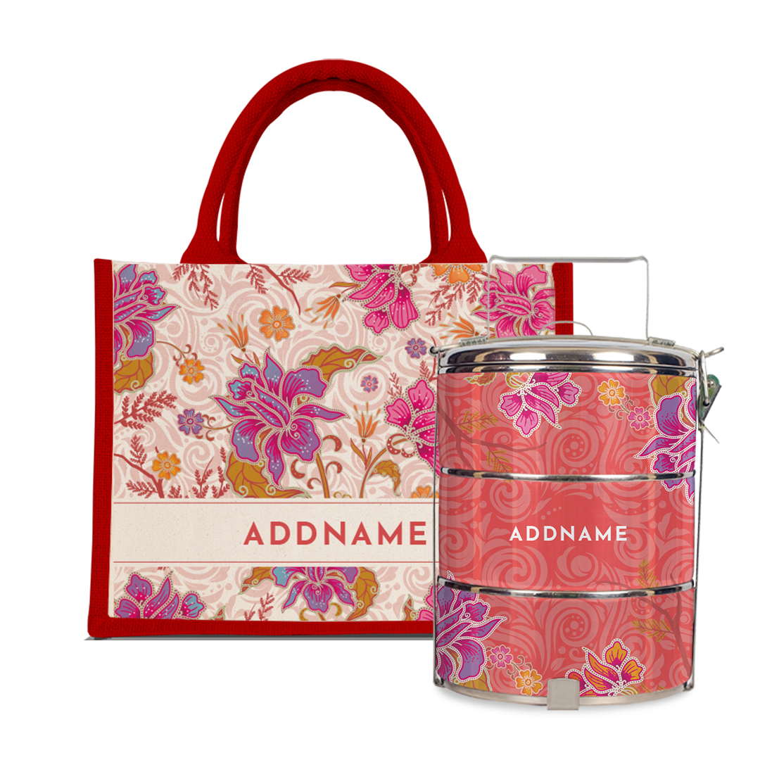 Modern Mahsuri Series - Legend Red Half Lining Small Jute Bag with Tiffin Carrier