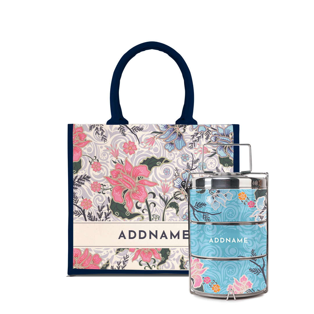 Modern Mahsuri Series - Legend Blue Half Lining Jute Bag with Tiffin Carrier