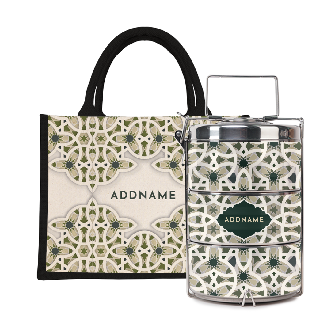 Ratu Series - Green Tiffin Carrier with Half Lining Small Jute Bag