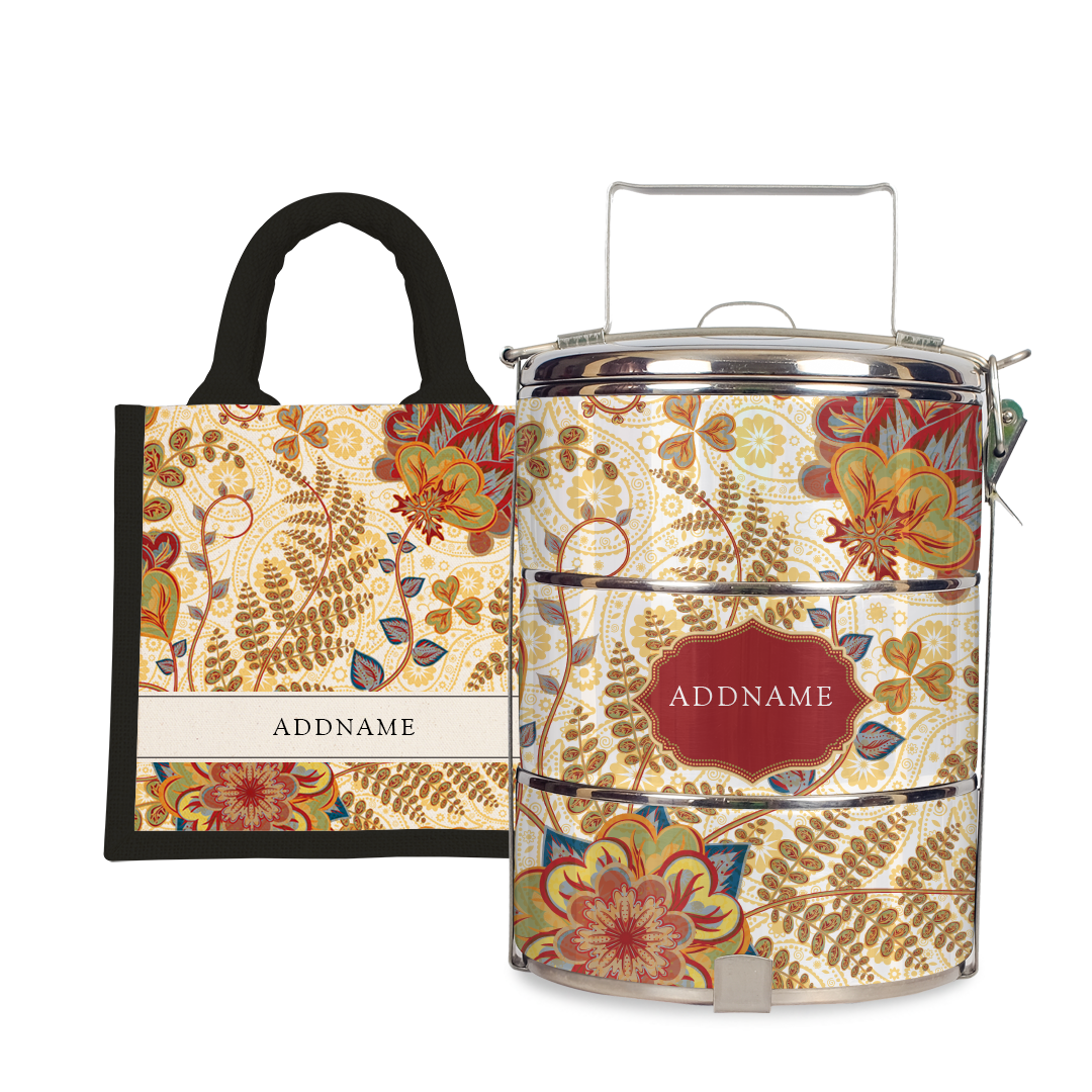 Batik Mawar - Lunch Tote Bag with Three-Tier Tiffin Carrier