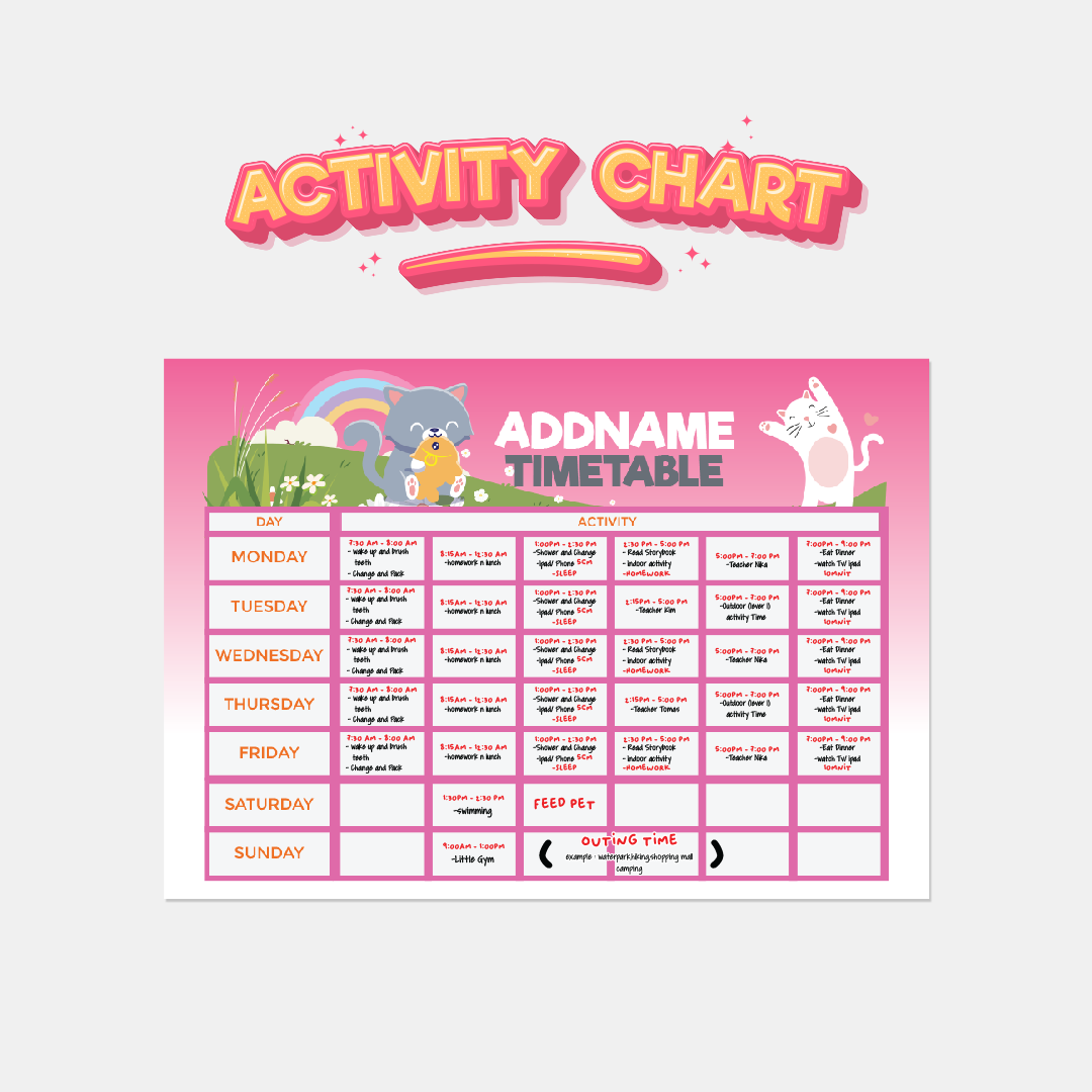 Kiddies Essentials - Kids Time Table Cute Cat Pink