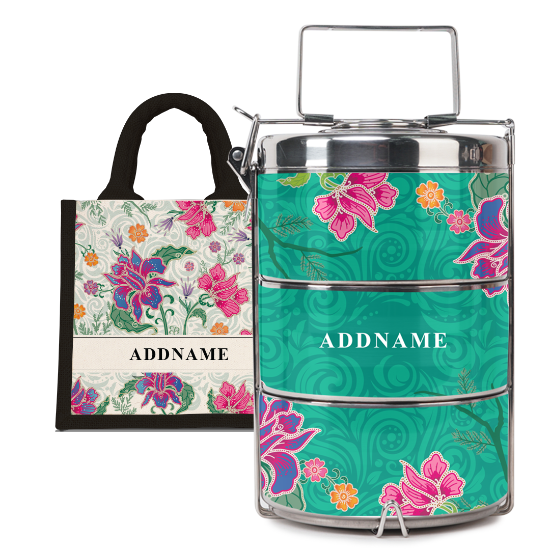 Modern Mahsuri Green - Lunch Tote Bag with Three-Tier Tiffin Carrier