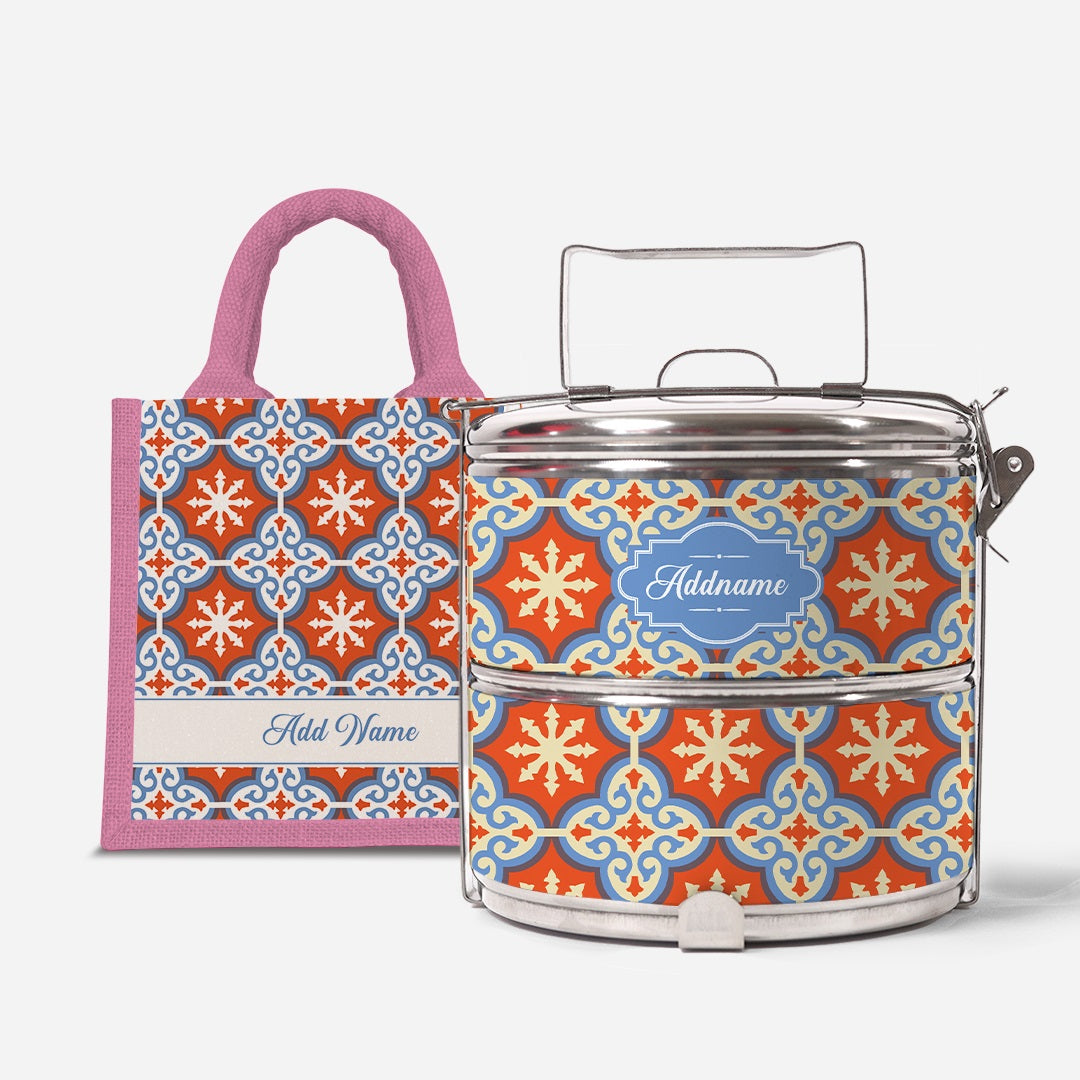 Moroccan Series Standard Two Tier Tiffin With Half Lining Lunch Bag  - Cherqi Light Pink