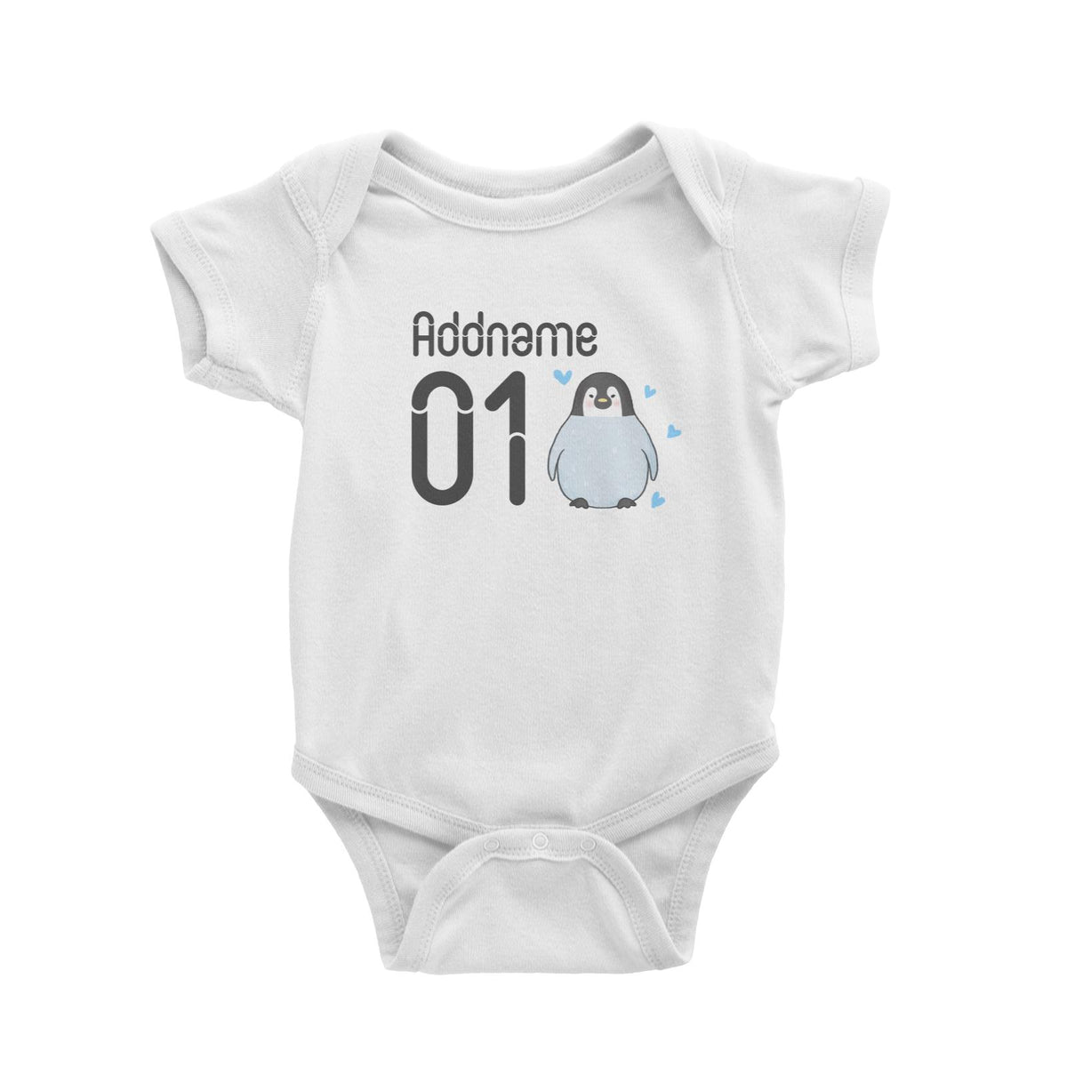 Name and Number Cute Hand Drawn Style Penguin Baby Romper