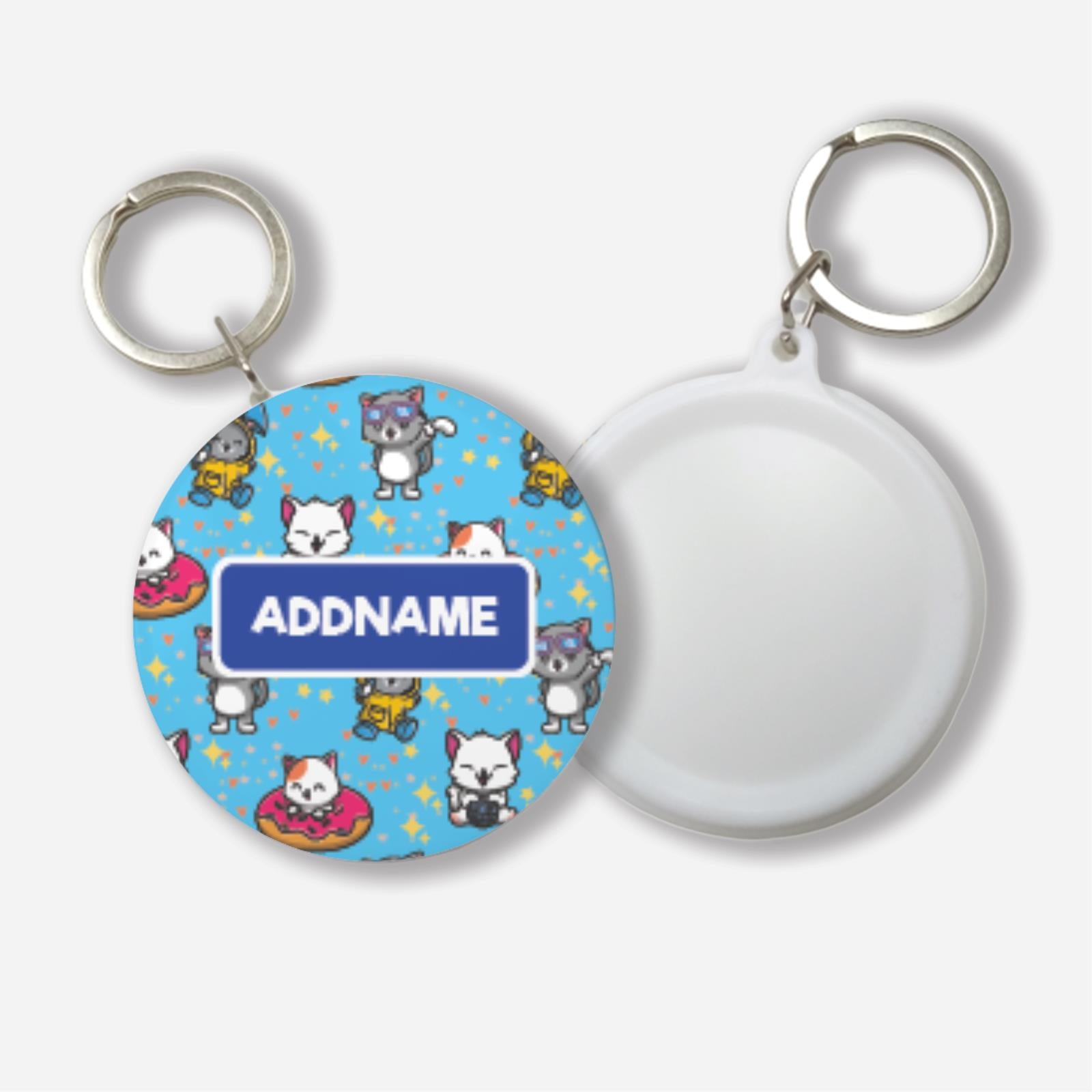 Adopt A Plushie Button Badge With Keyring - Fluffy Cat