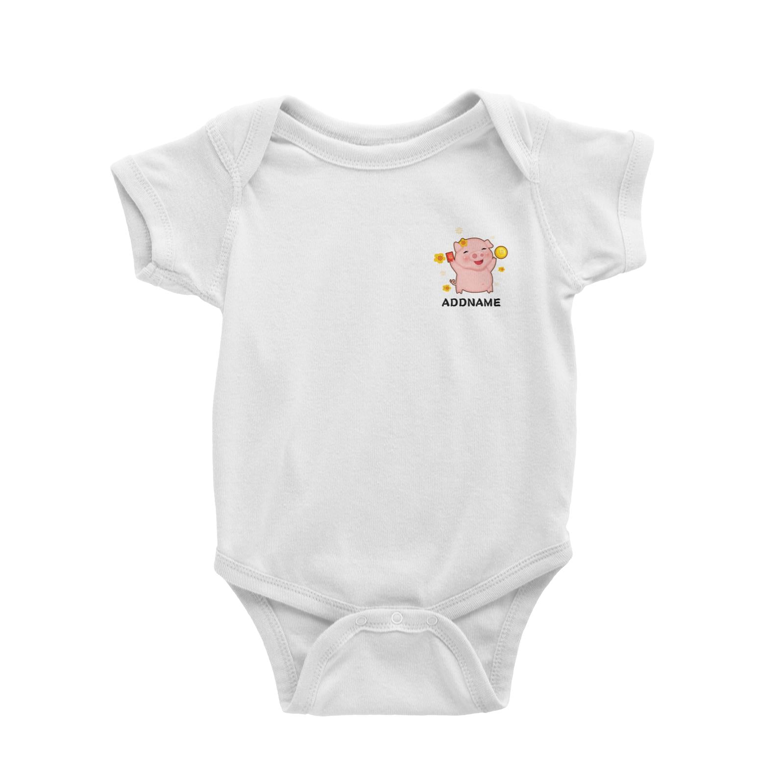 Cute Pig CNY Pig Girl with Red Packet and Happiness Symbol Pocket Design Baby Romper