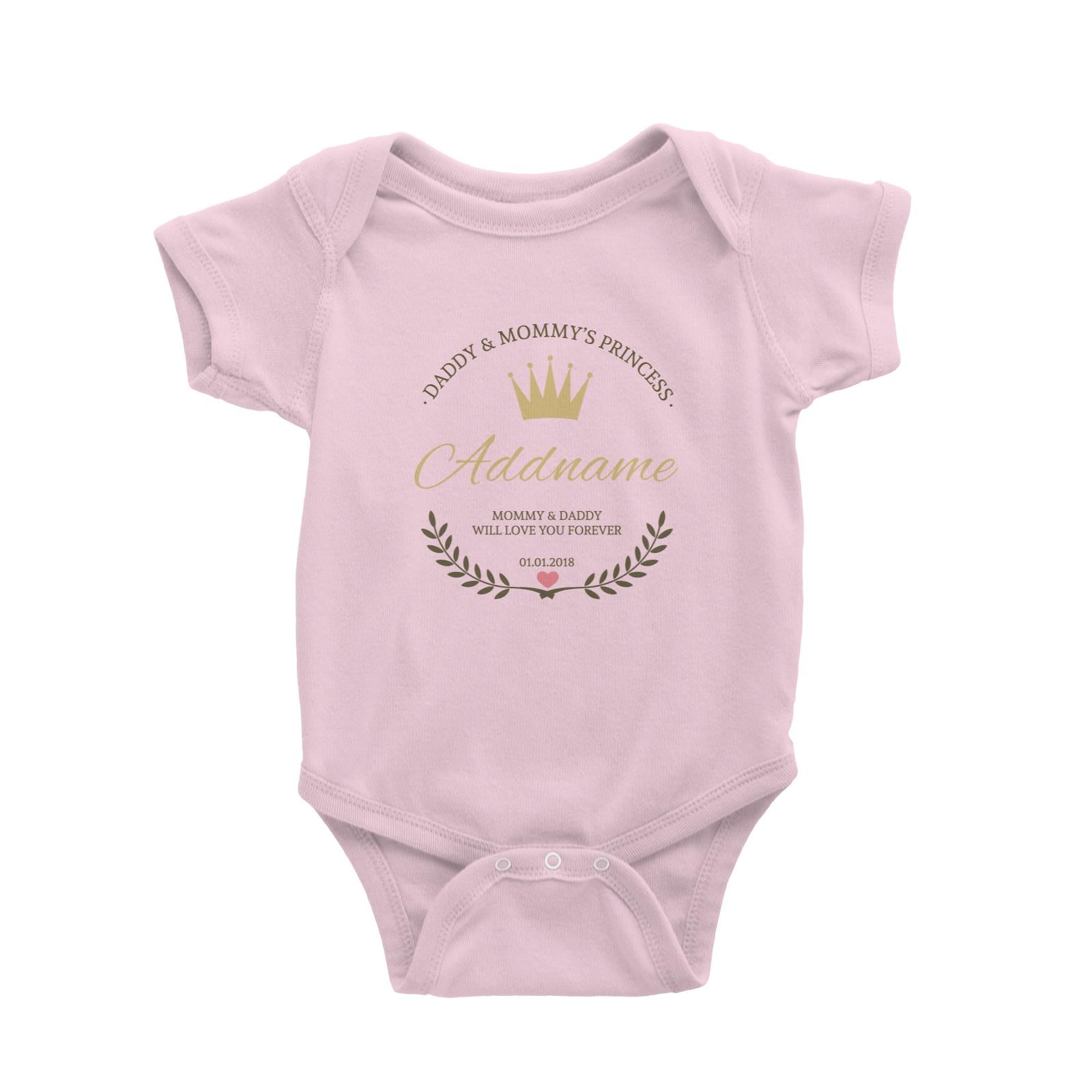 Daddy and Mommy's Princess with Tiara Wreath Personazliable with Name Text and Date Baby Romper