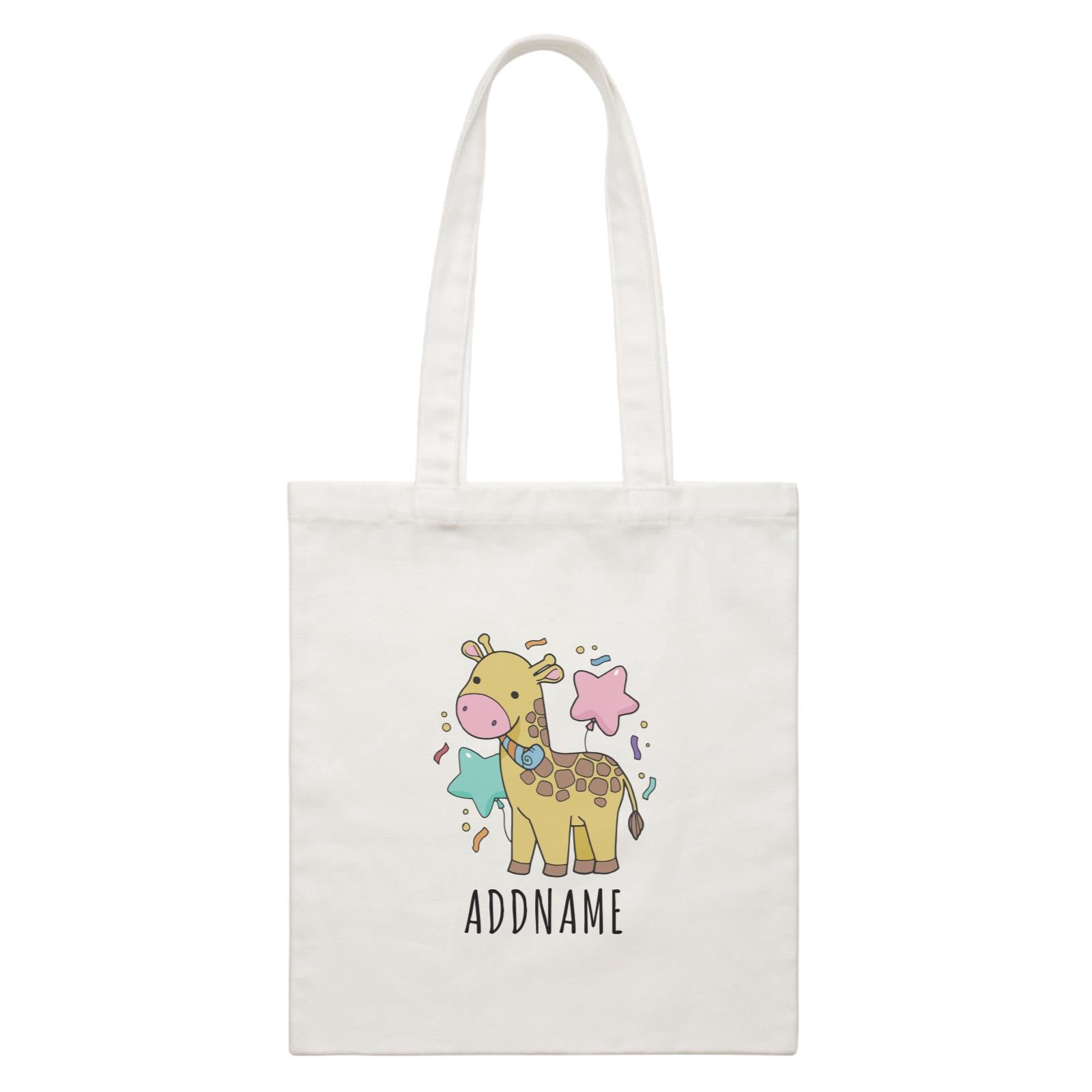 Birthday Sketch Animals Giraffe with Party Horn Addname White Canvas Bag