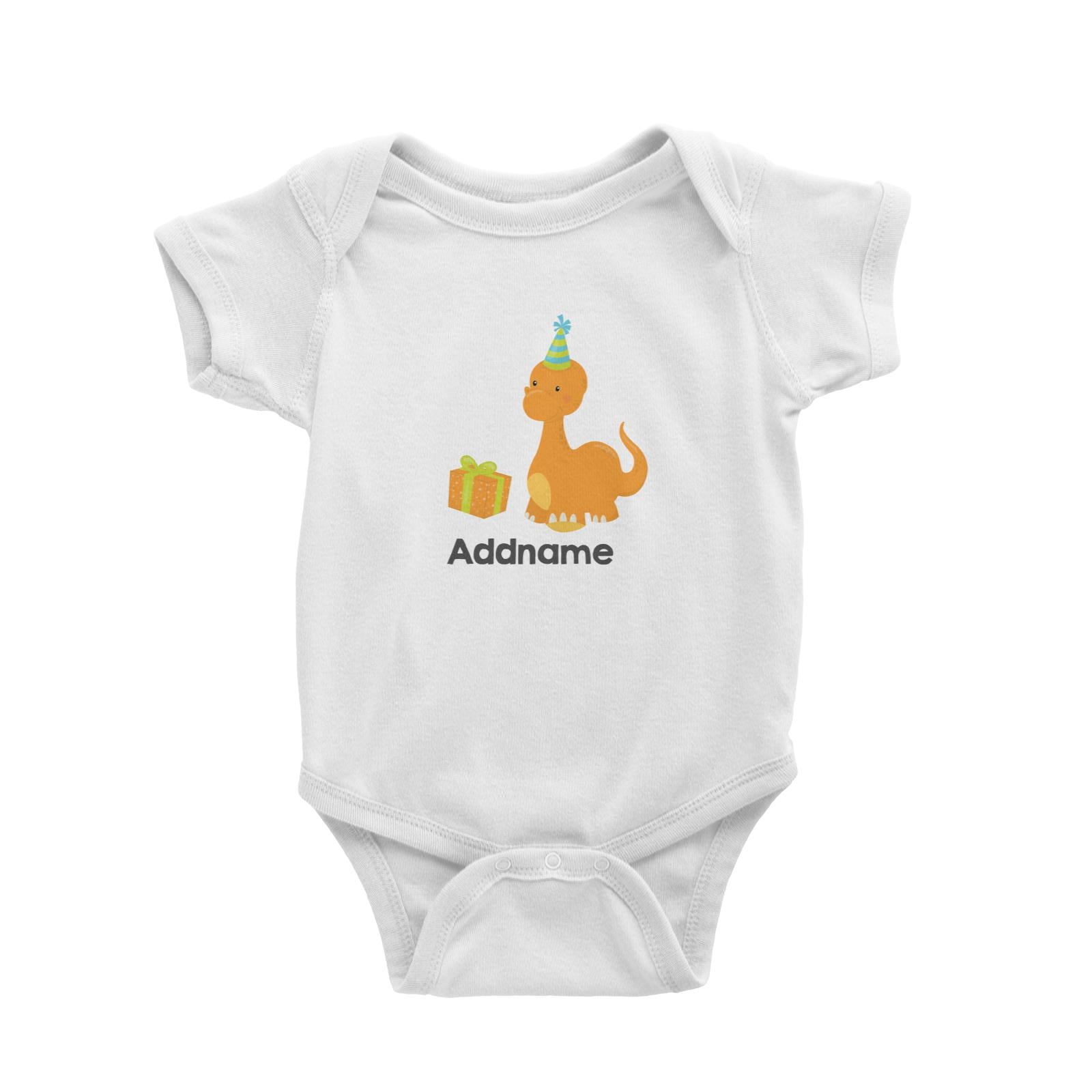 Dino Birthday Orange Long Neck WIth Birthday Gift and Hat Addname White Baby Romper