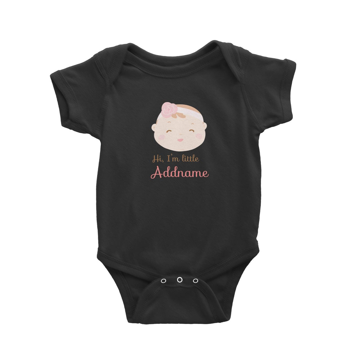 Cute Baby Girl with Flower Band Hi I Am Little Addname Baby Romper