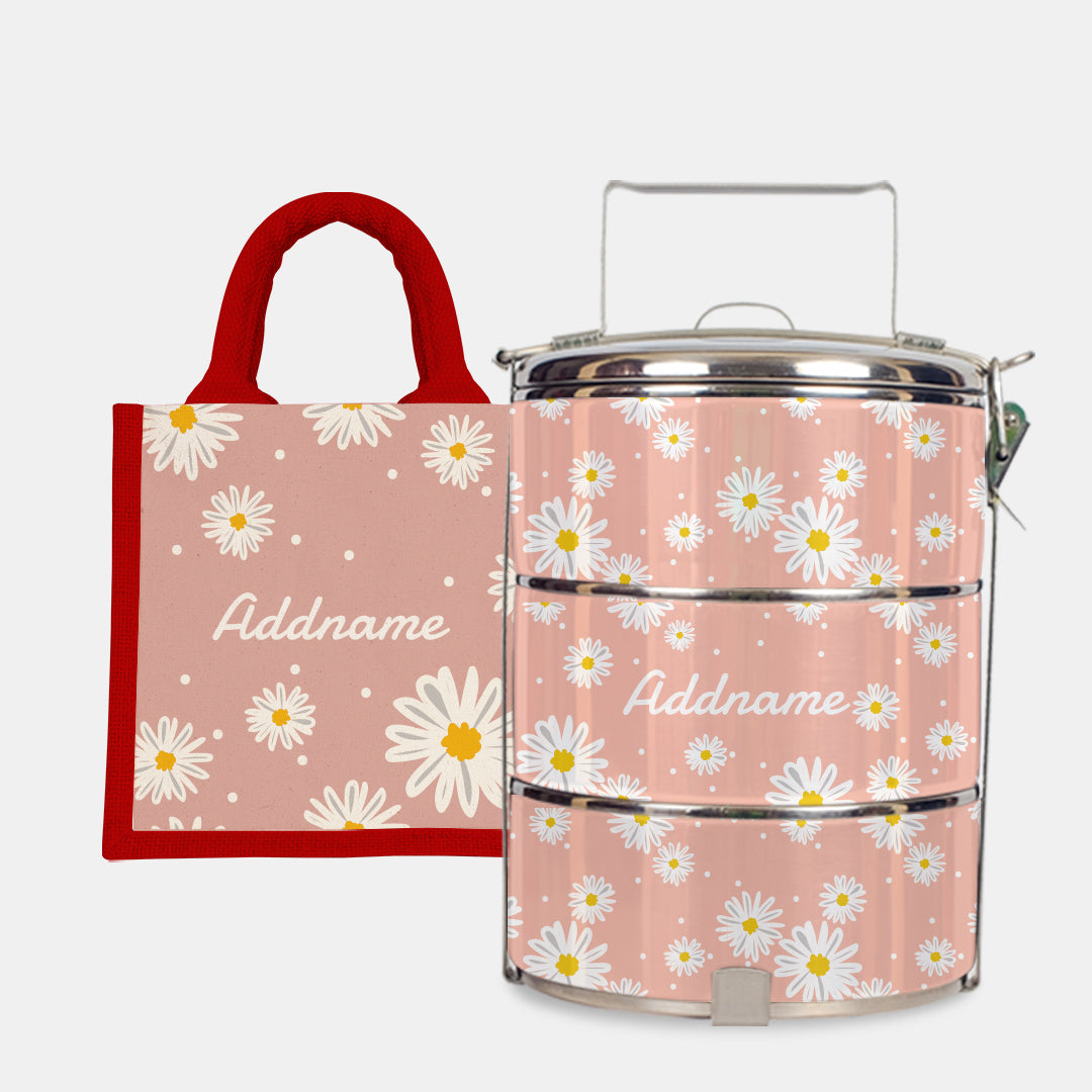 Daisy Series Half Lining Lunch Bag Wtih Standard Tiffin Carrier - Coral Red