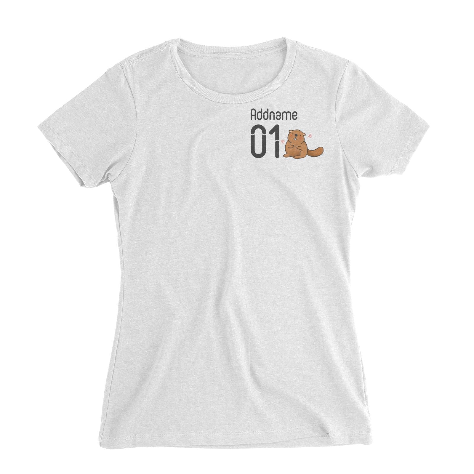 Pocket Name and Number Cute Hand Drawn Style Beaver Women's Slim Fit T-Shirt