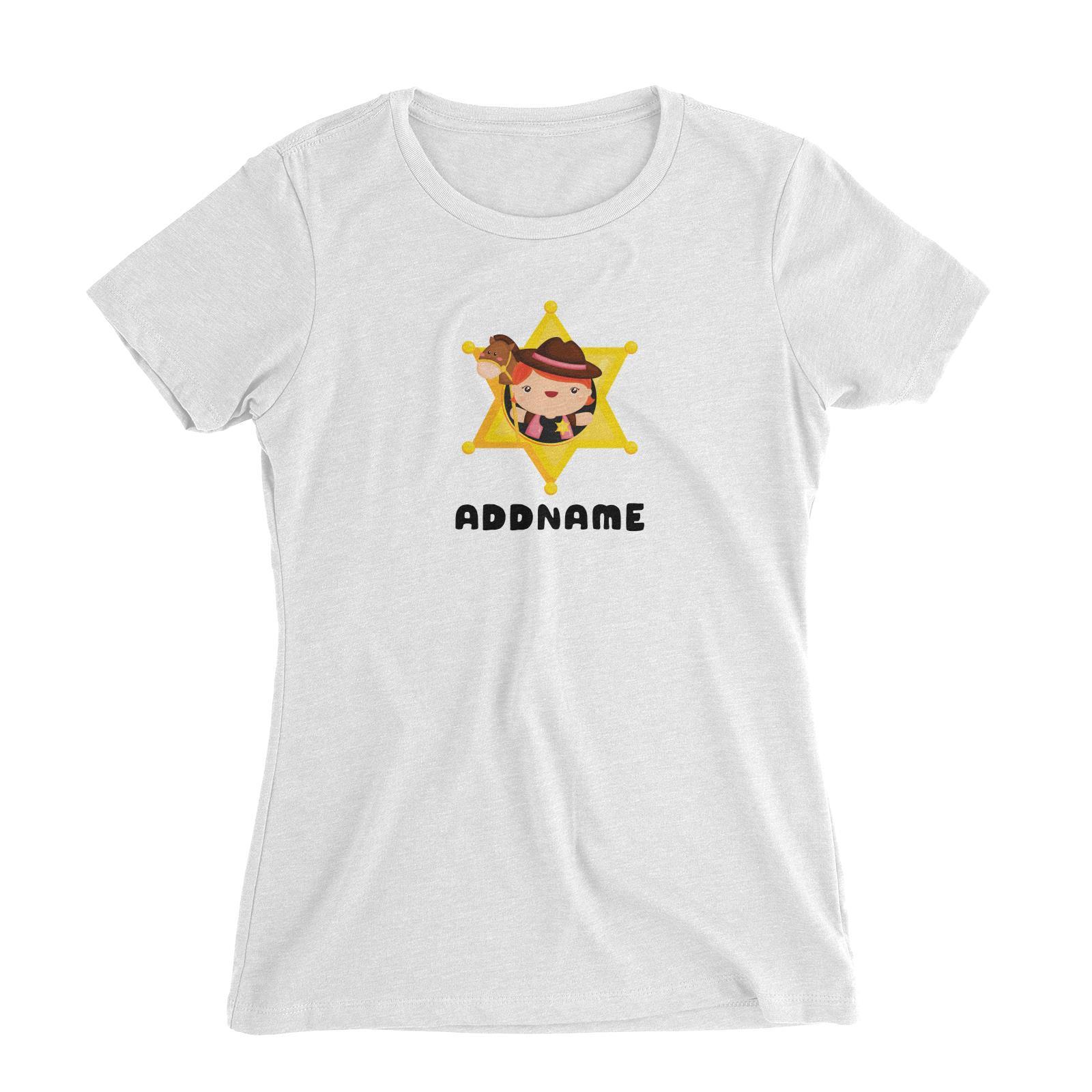Birthday Cowboy Style Little Cowgirl Holding Toy Horse In Star Badge Addname Women's Slim Fit T-Shirt