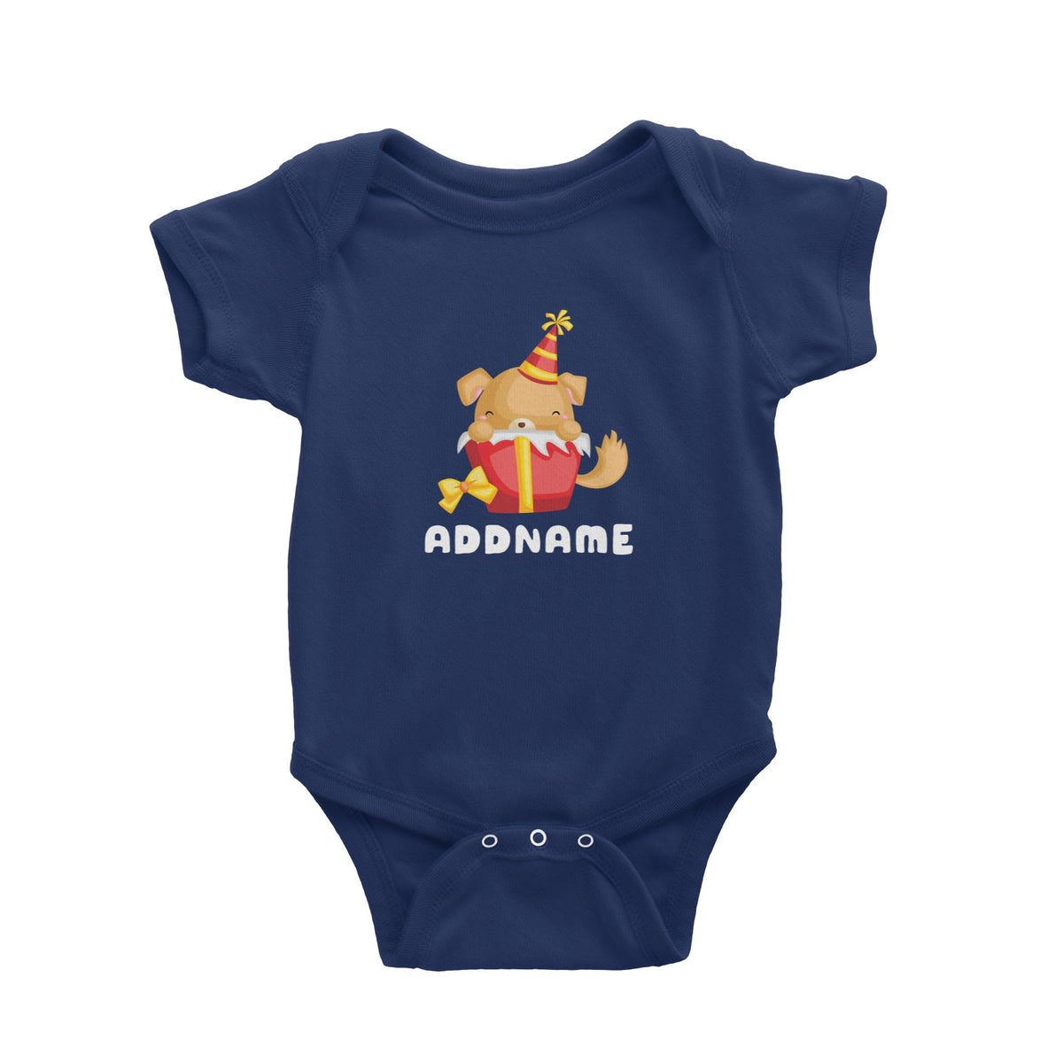 Birthday Friendly Animals Happy Dog Inside Present Box Addname Baby Romper