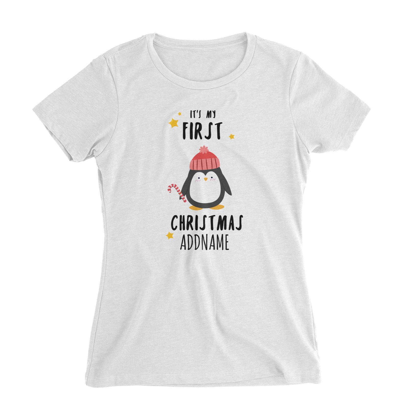 Cute Penguin First Christmas Addname Women's Slim Fit T-Shirt  Personalizable Designs Animal
