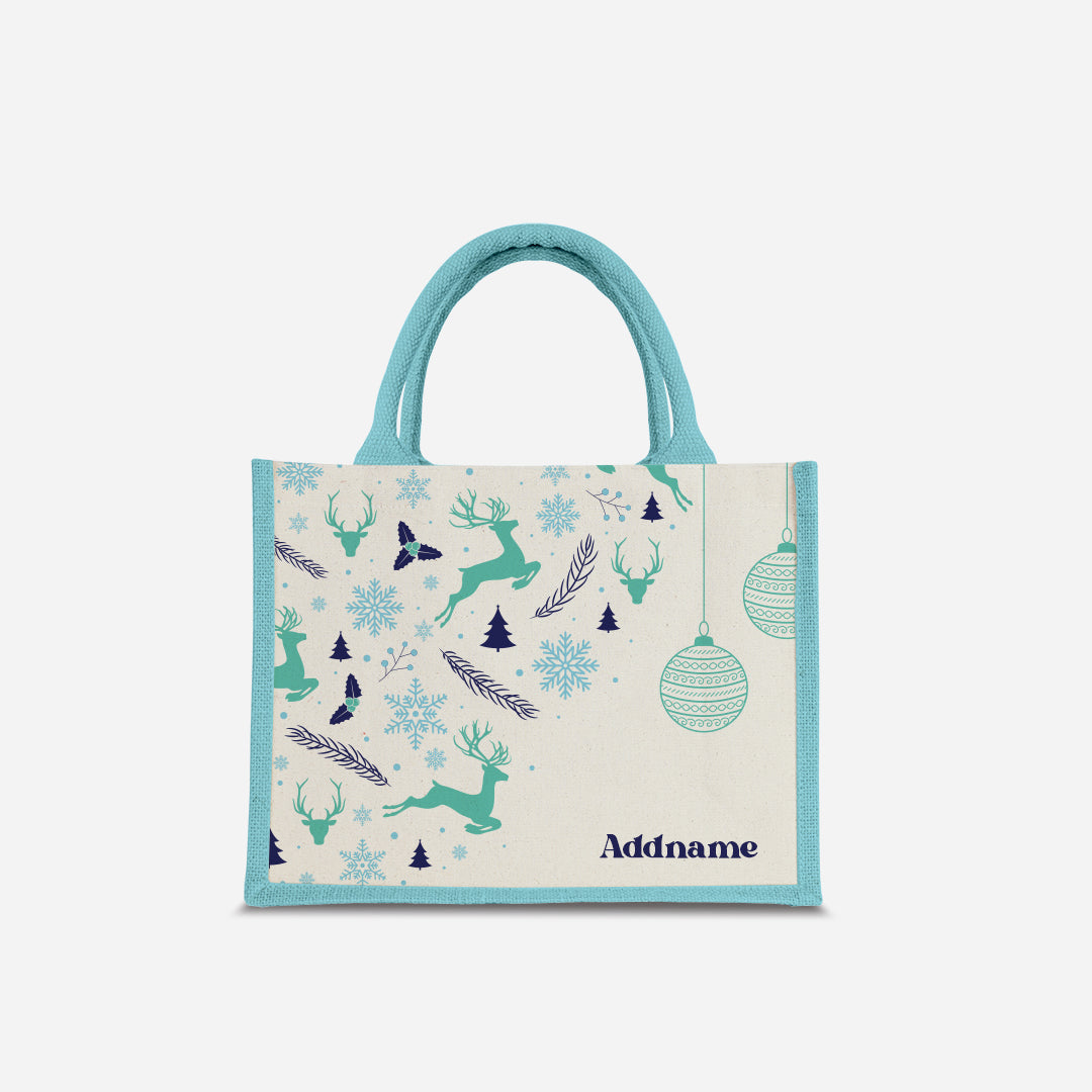 Christmas Series Half Lining Small Jute Bag - Jubilant Reindeers Light Blue