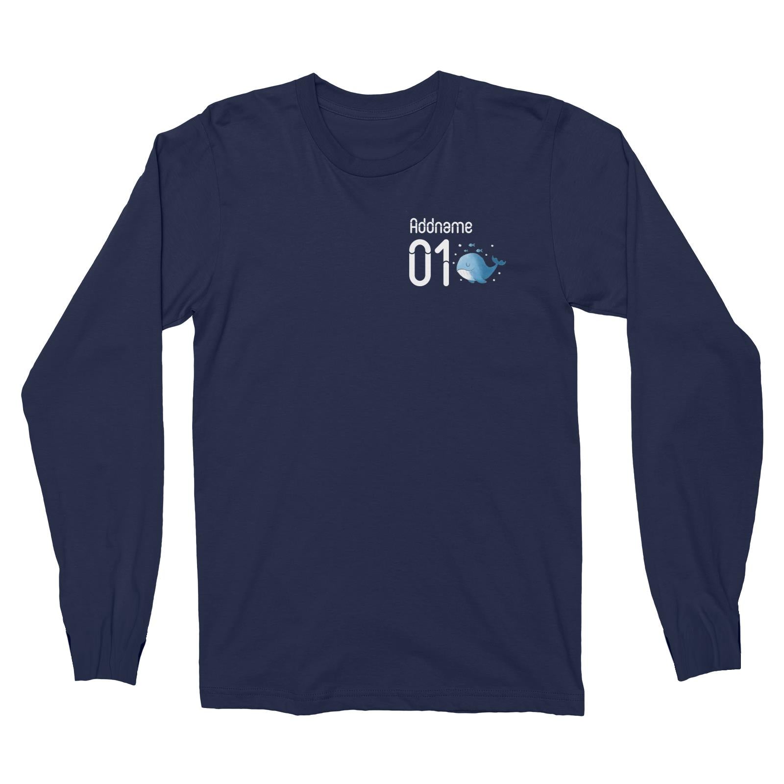 Pocket Name and Number Cute Hand Drawn Style Whale Long Sleeve Unisex T-Shirt