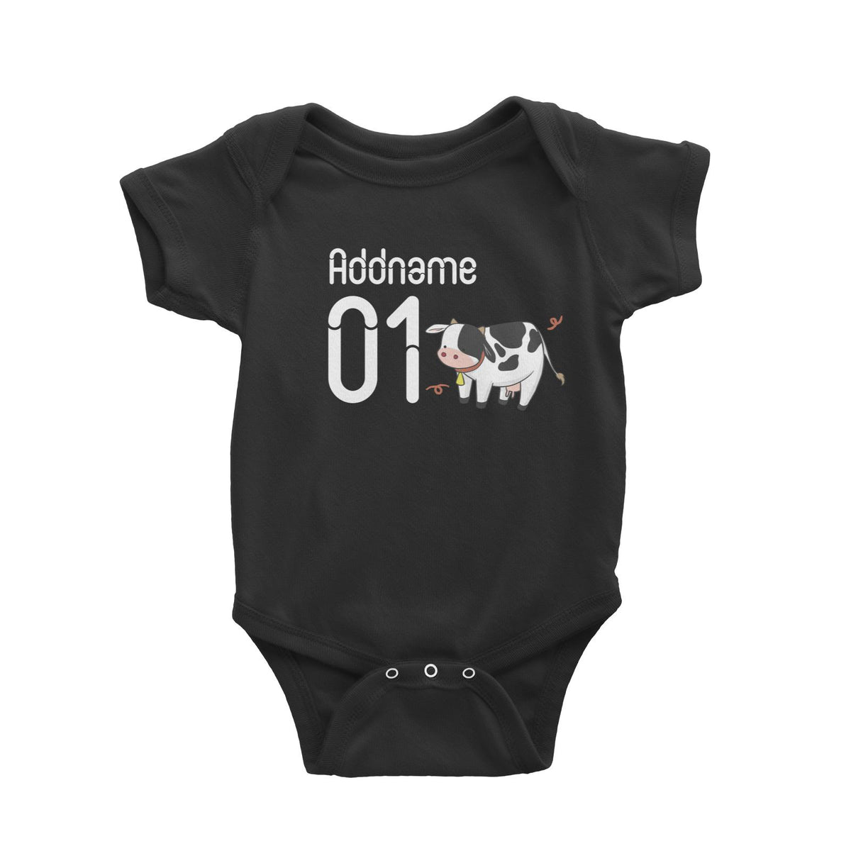 Name and Number Cute Hand Drawn Style Cow Baby Romper