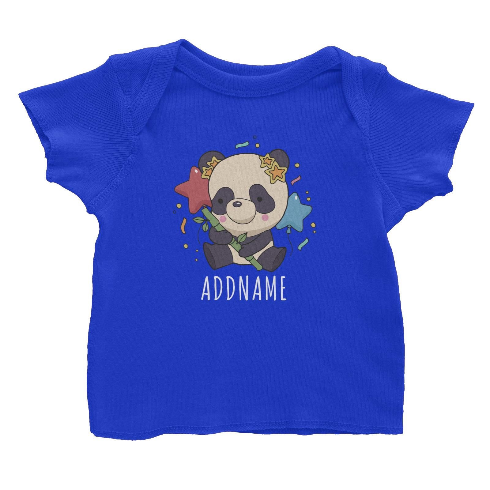 Birthday Sketch Animals Panda with Party Hat Holding Bamboo Addname Baby T-Shirt