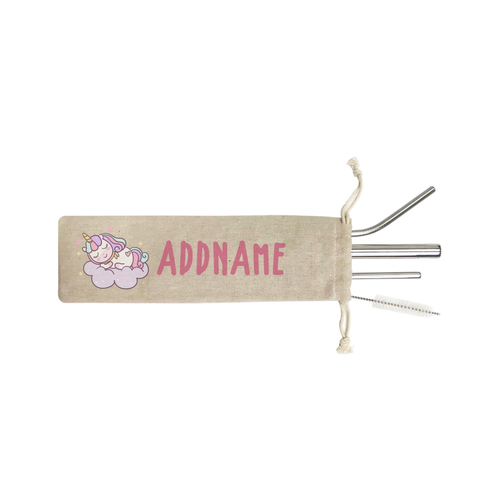 Unicorn And Princess Series Cute Pastel Sleeping Unicorn On a Cloud Addname SB 4-In-1 Stainless Steel Straw Set in Satchel