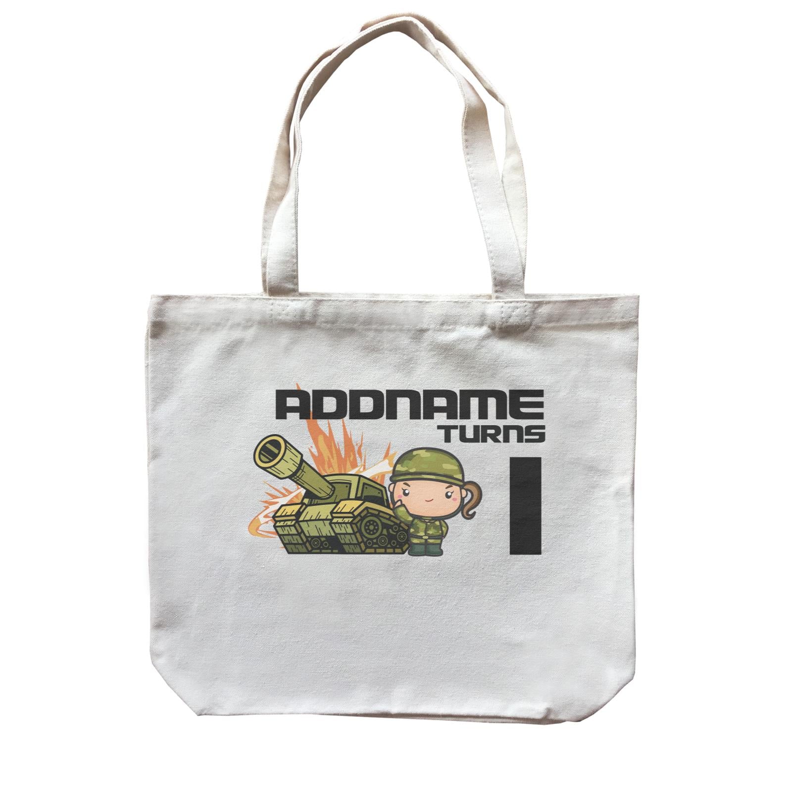 Birthday Battle Theme Tank And Army Soldier Girl Addname Turns 1 Canvas Bag