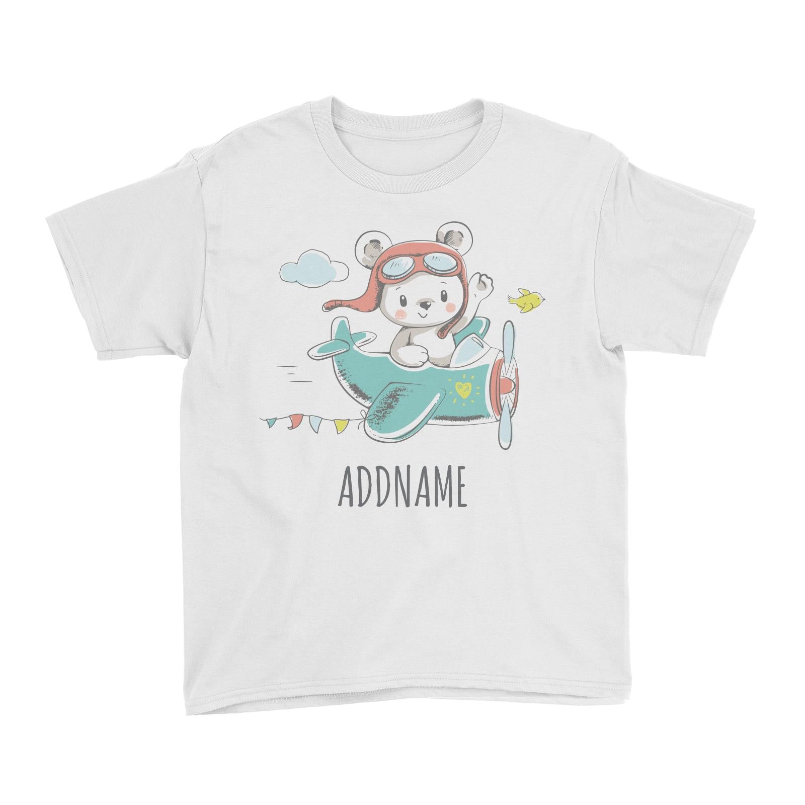 Pilot Bear on Plane White Kid's T-Shirt Personalizable Designs Cute Sweet Animal For Boys Occupation HG