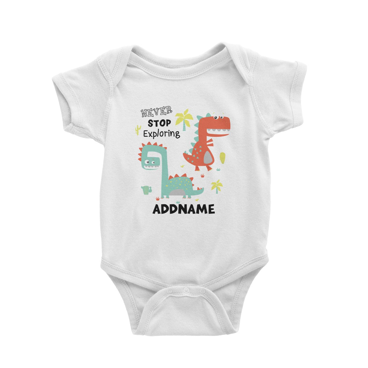 Never Stop Exploring Dinosaur Addname White Baby Romper