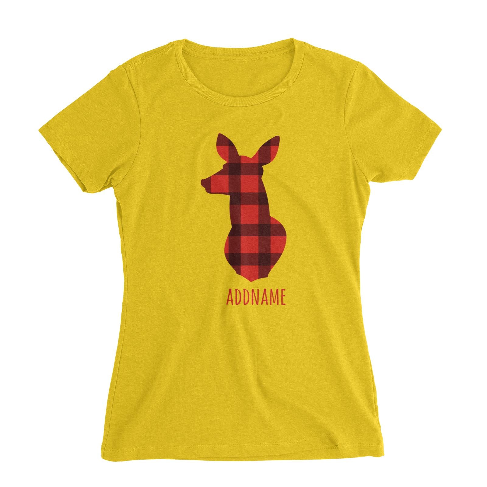 Mama Deer Silhouette Checkered Pattern Addname Women's Slim Fit T-Shirt Christmas Matching Family Animal Personalizable Designs