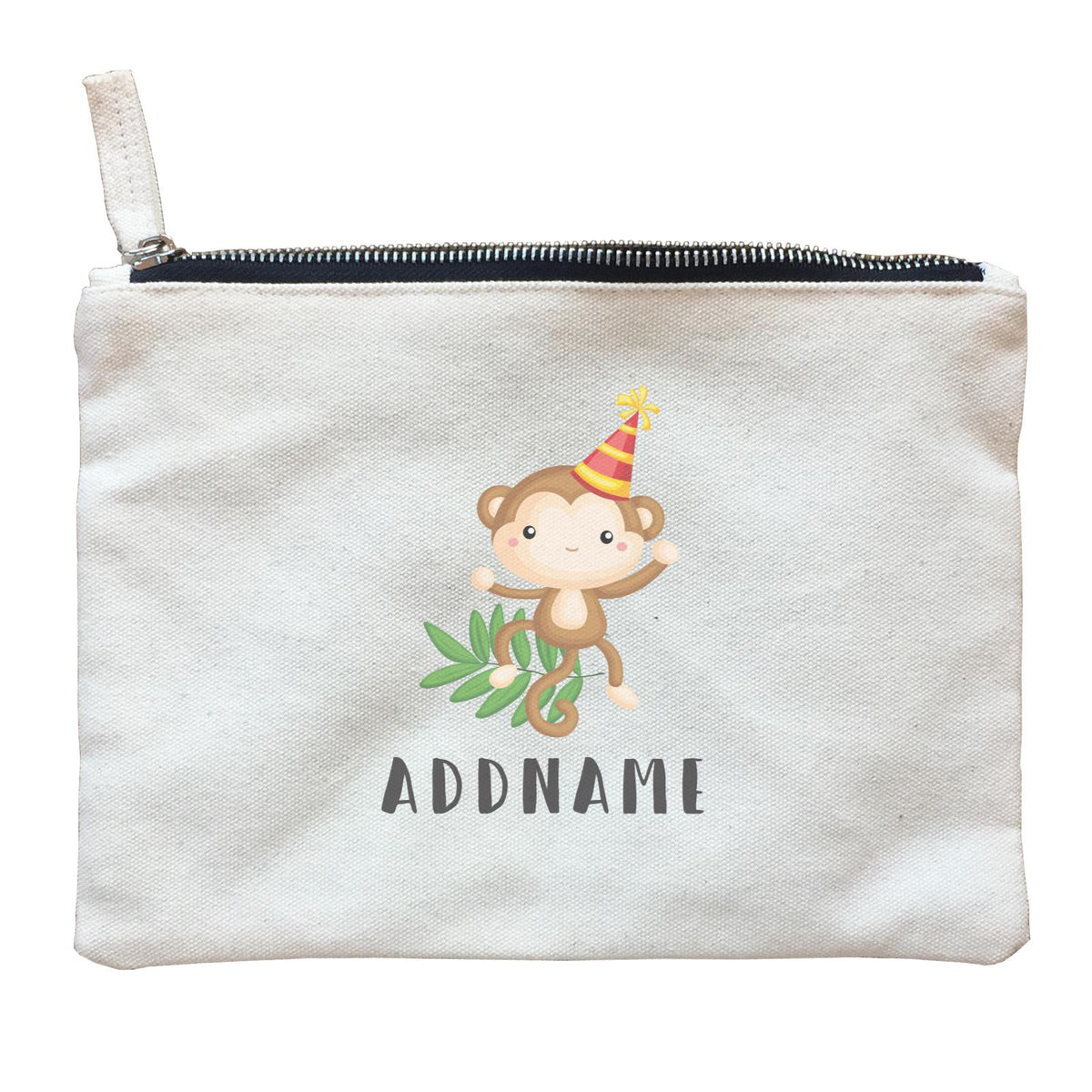 Birthday Safari Monkey Wearing Party Hat Addname Zipper Pouch