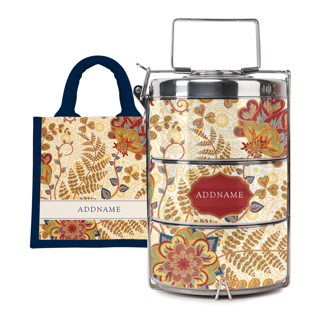 Batik Mawar - Lunch Tote Bag with Three-Tier Tiffin Carrier