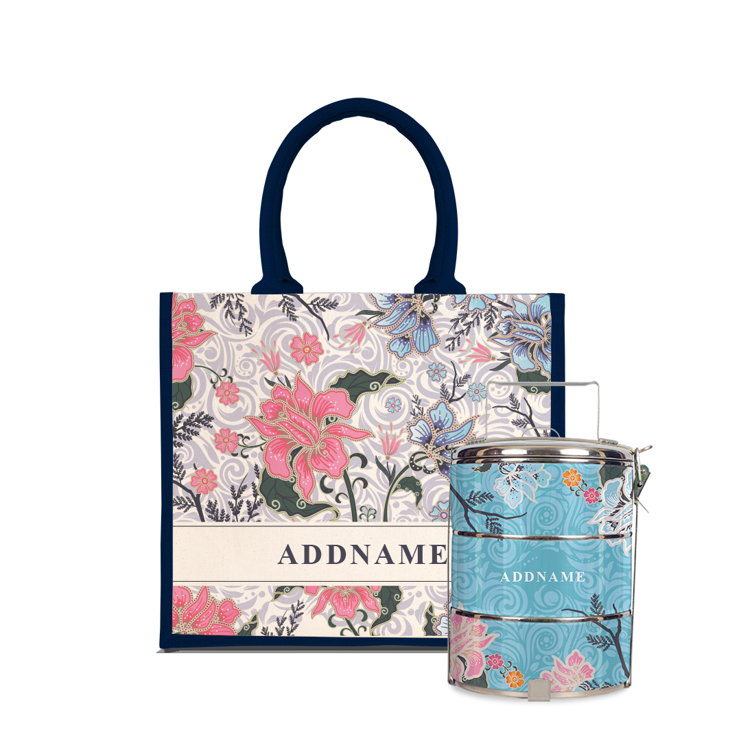 Modern Mahsuri Series - Legend Blue Half Lining Jute Bag with Tiffin Carrier