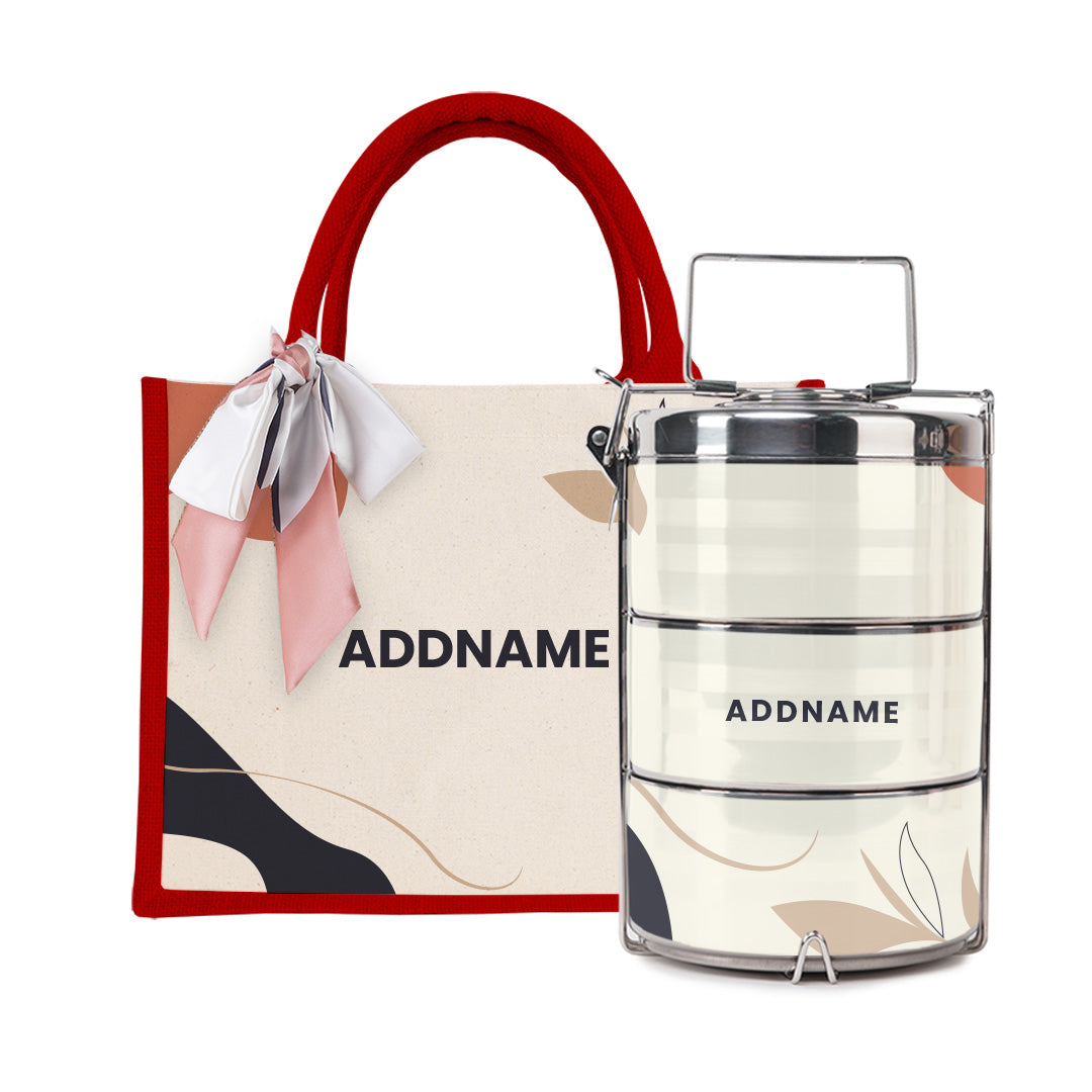 Charlotte Series - Calico Half Lining Small Jute Bag with Tiffin Carrier