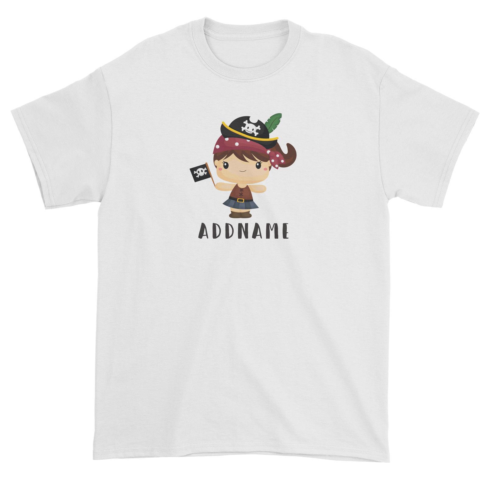 Birthday Pirate Happy Girl Captain Holding Pirate Flag Addname Unisex T-Shirt