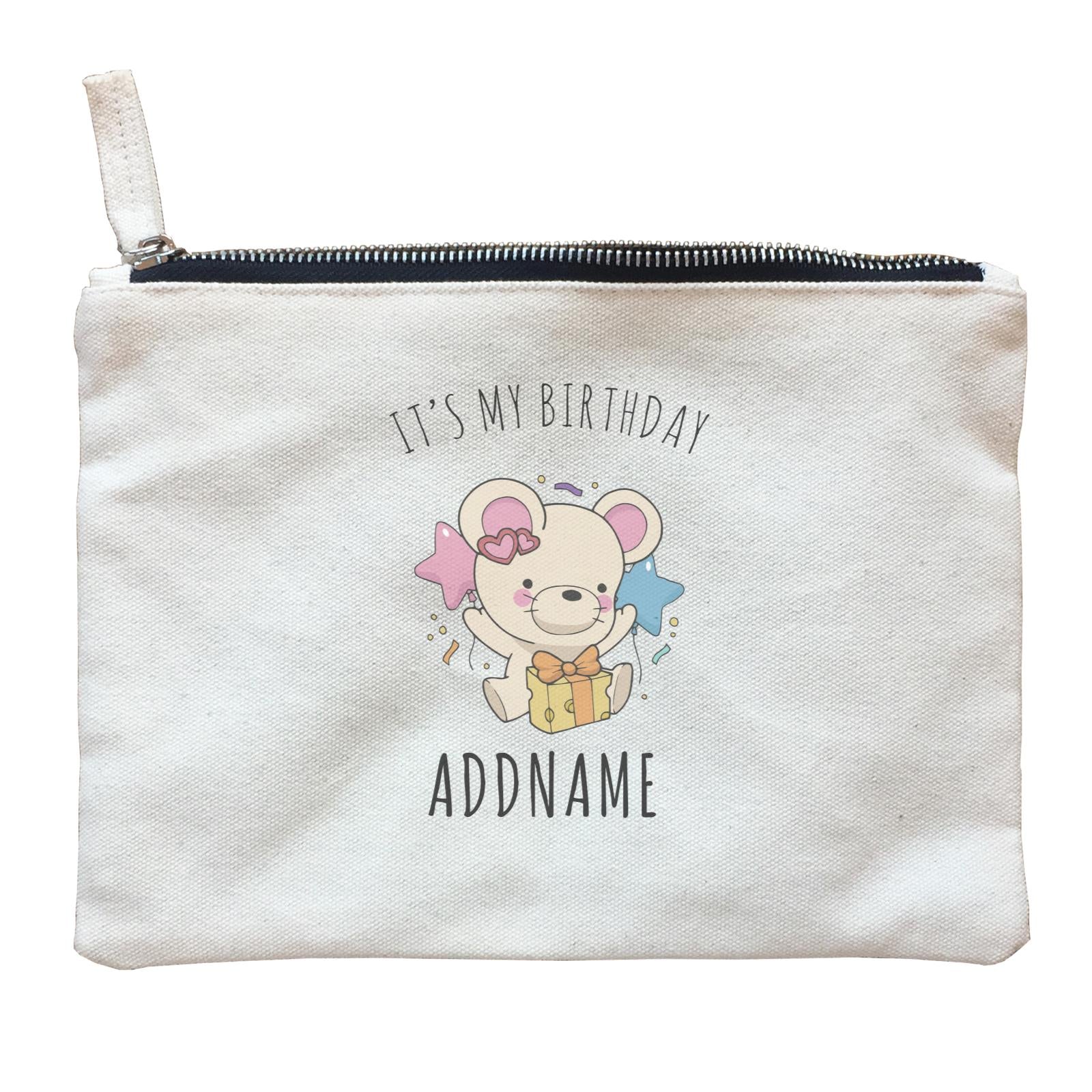 Birthday Sketch Animals Mouse with Cheese Present It's My Birthday Addname Zipper Pouch