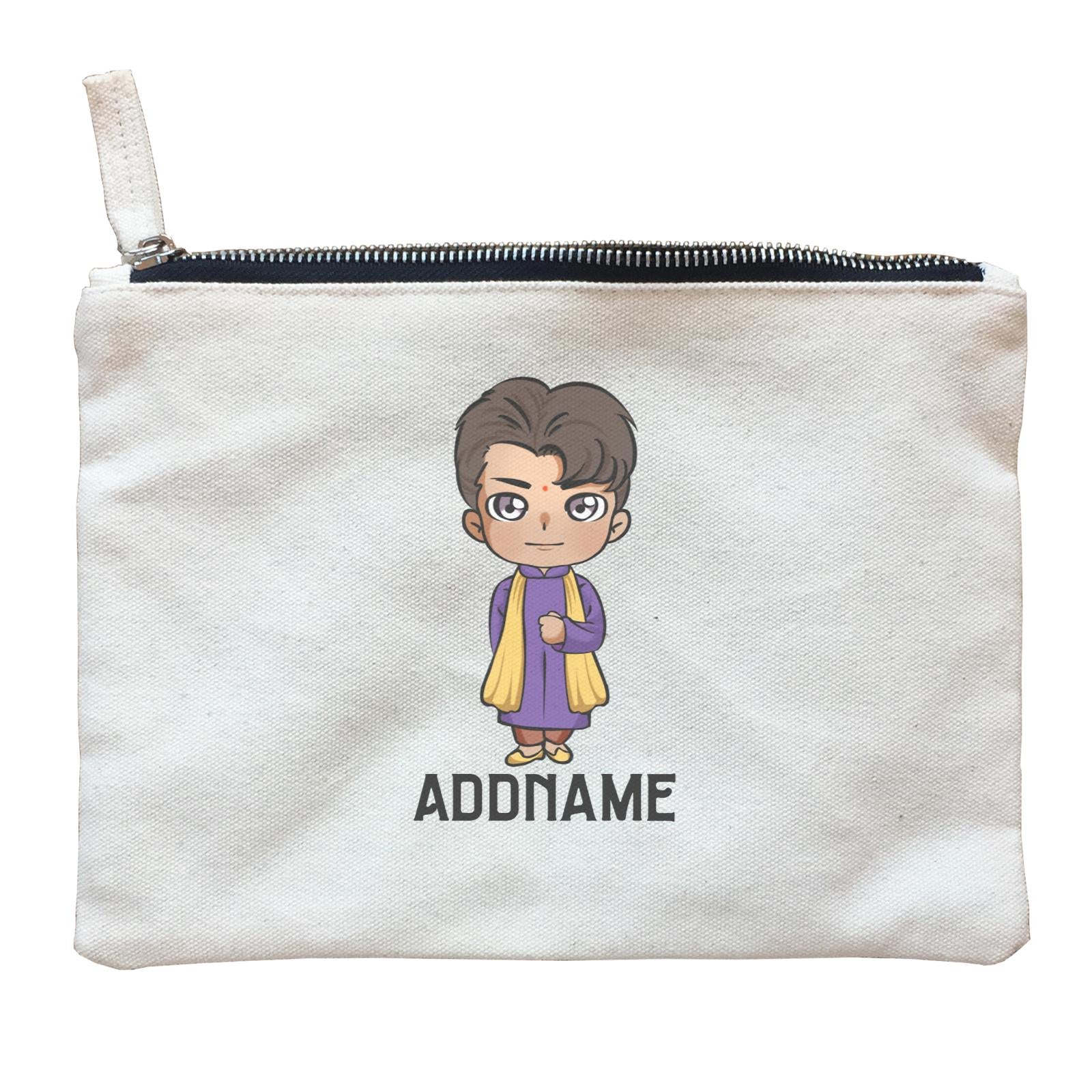 Deepavali Series Chibi Man Front Addname Zipper Pouch