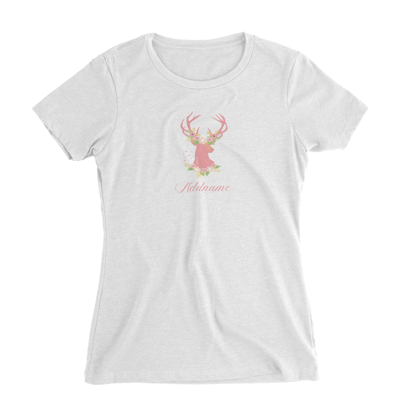 Basic Family Series Pastel Deer Pink Deer With Flower Addname Women Slim Fit T-Shirt