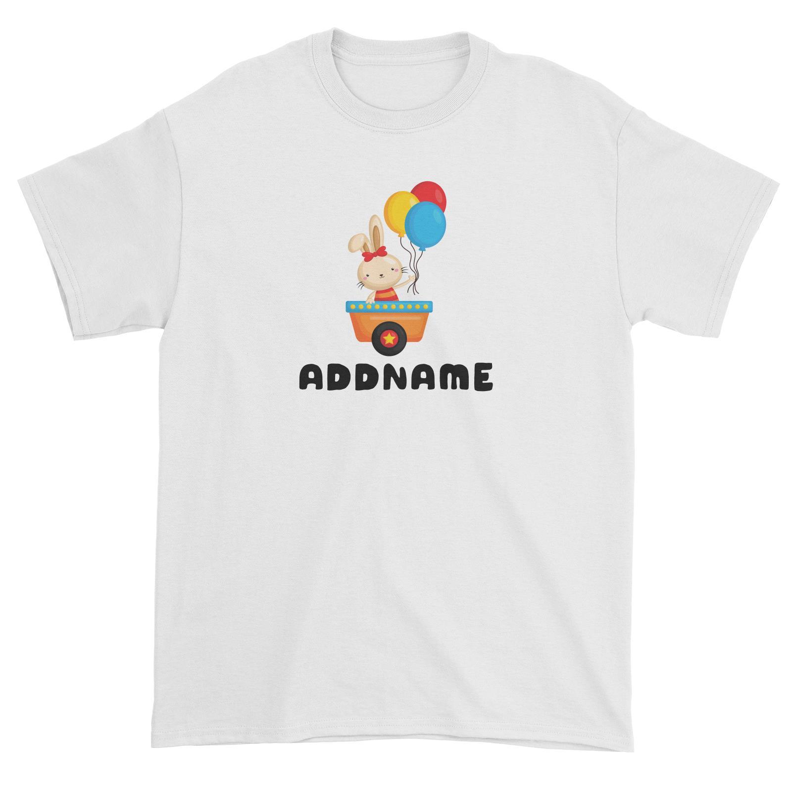 Birthday Fun Train Bunny Holding Balloons Addname Unisex T-Shirt